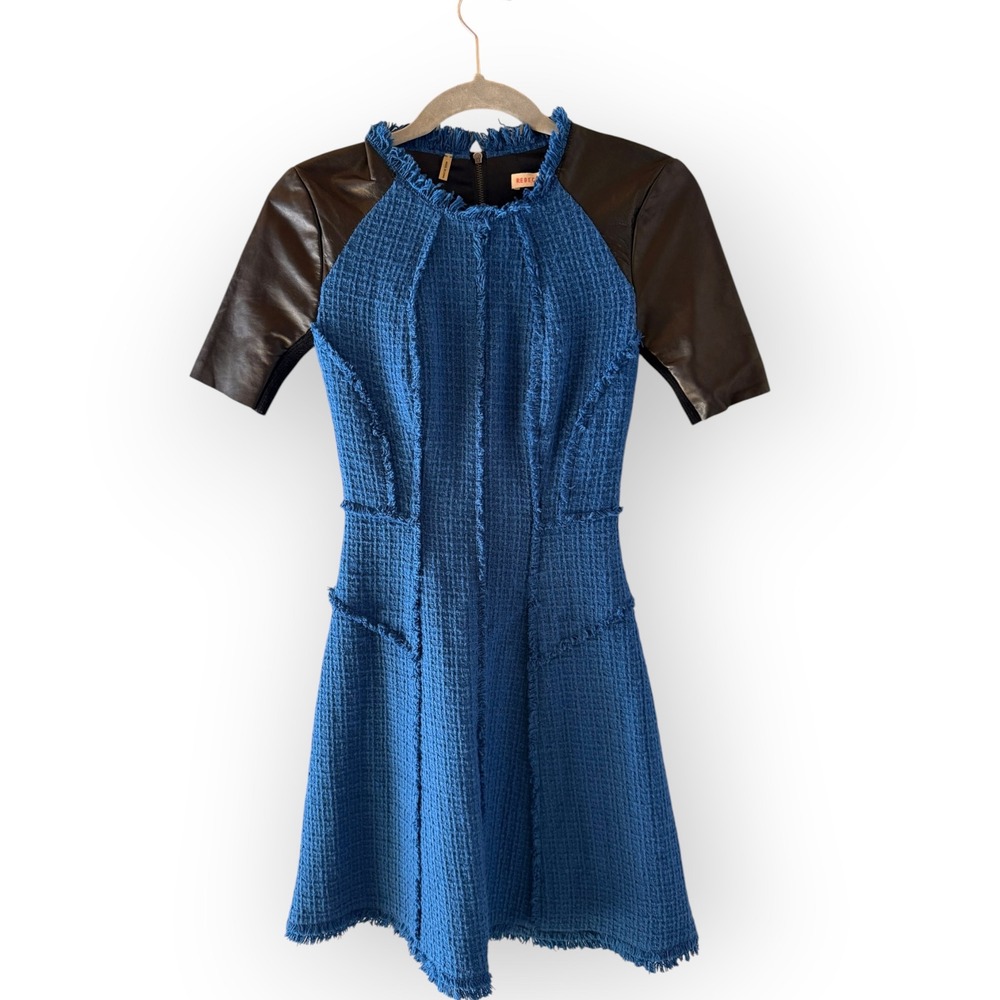 Vintage Rebecca Taylor Tweed Leather Mini Dress Y2K 90s Grunge Edgy Urban Sz 4